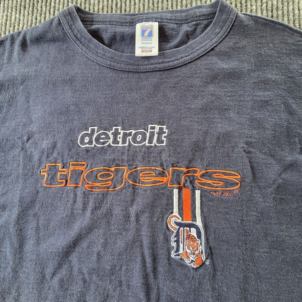 Detroit Tigers MLB T Shirt Mens Medium Navy Blue Logo 7 Baseball Tee Embroidered